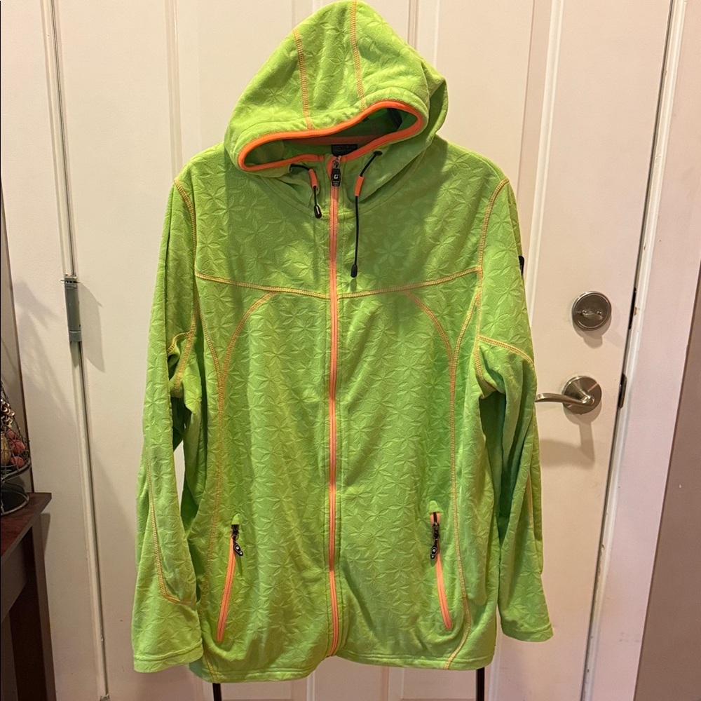 Vibrant Green Hooded Jacket with Orange Trim